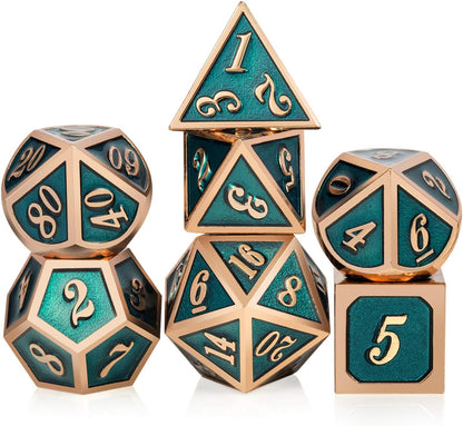 DnDnD Heavy Polyhedral Metal Dice Set with Metal Box, 7-die Shiny Blue Surface with Golden Number for RPG,Dungeons and Dragons,Pathfinder,Shadowrun,D&D,Role Palying Game and Math Teaching - Colors B