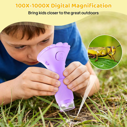Kids Magnifying Glass, 2.0 Inch Digital Screen Mini Pocket Microscope for Bug - 200x Zoom Handheld Microscope with Adjustable Lights, Edu Birthday Gifts for Age 3-12 Girls