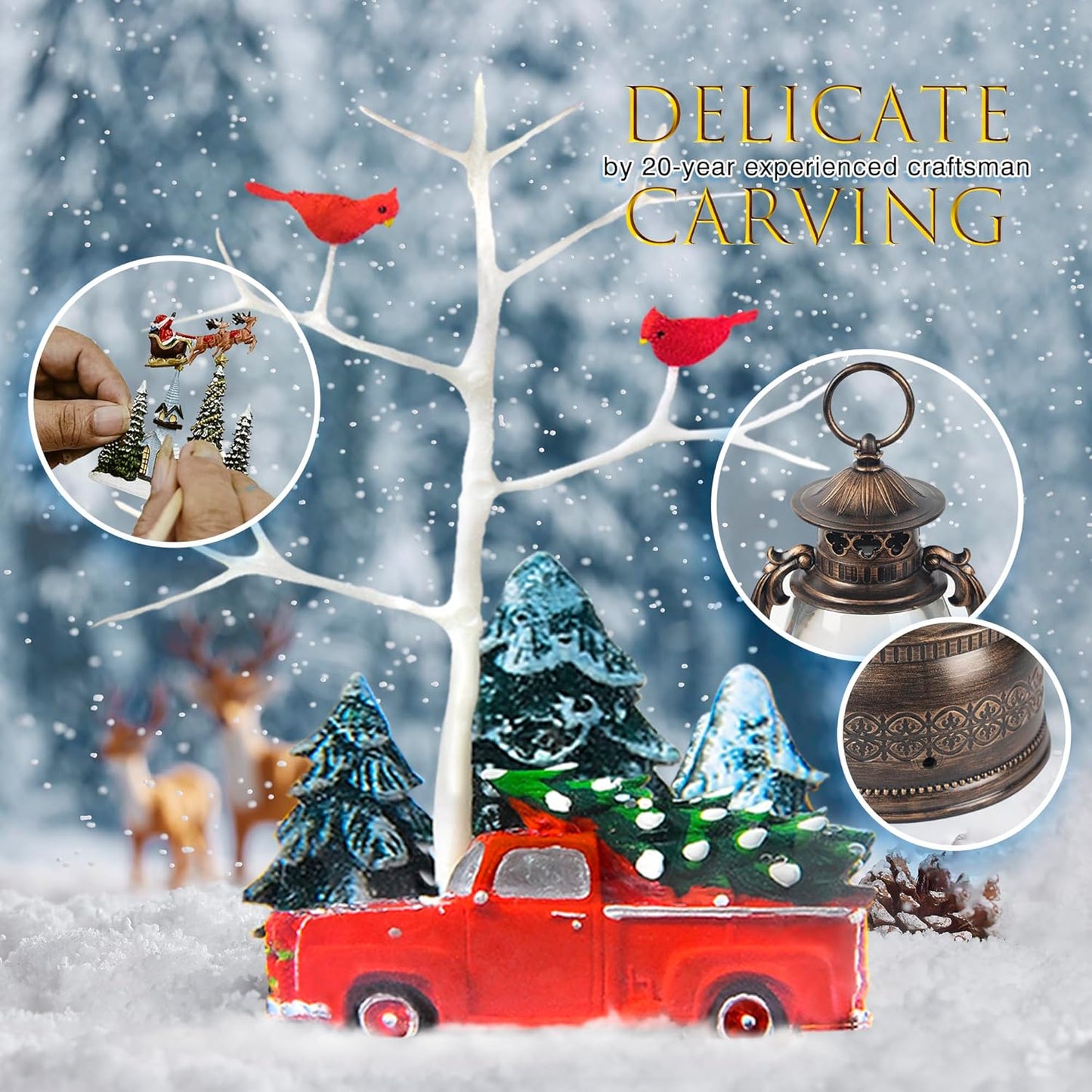 Large Christmas Snow Globes, 13.8" Cardinal Musical Snow Globe 8 Songs 6H Timer Music Box Dual Power Snowglobes for Kids Adults Red Truck Christmas Lantern Lighted Christmas Decor Indoor Gifts