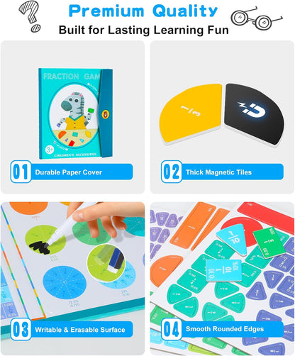 Magnetic Fraction Demonstration Book, Magnetic Fraction Tiles & Circles Educational Puzzle Set, Montessori Fraction Playbook for Kids, Math Manipulatives for Elementary School