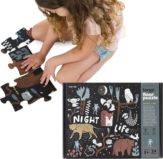 Wee Gallery Fine Motor Practice Bundle - Night Life Floor Puzzle, 24 Large Pieces, Durable Jumbo Jigsaw Floor Puzzles - Jungle Animals Lacing Cards for Toddlers, Sewing Board, Preschool Toys