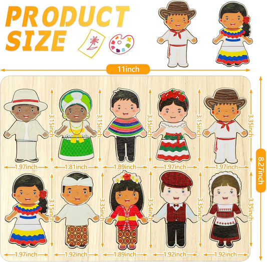 Leitee 2 Set Wooden Puzzle for Toddlers The World Racial Cognition Dress up Peg Puzzle Educational Multicultural Learning Puzzles Interchangeable Puzzles Learning for Kids Boys Girls