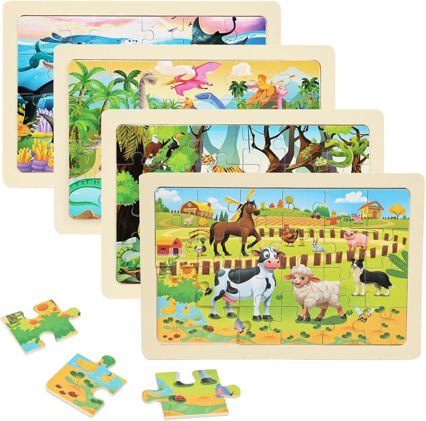 4 Sets of Wooden Puzzles, Each Set has 24 Pieces, Including Castle Unicorn Princess, for Toddlers 3-5, Puzzles for Kids Ages 4-6, Preschool Educational Brain Teaser Toys for Girls 3 4 5 6 Years Old.
