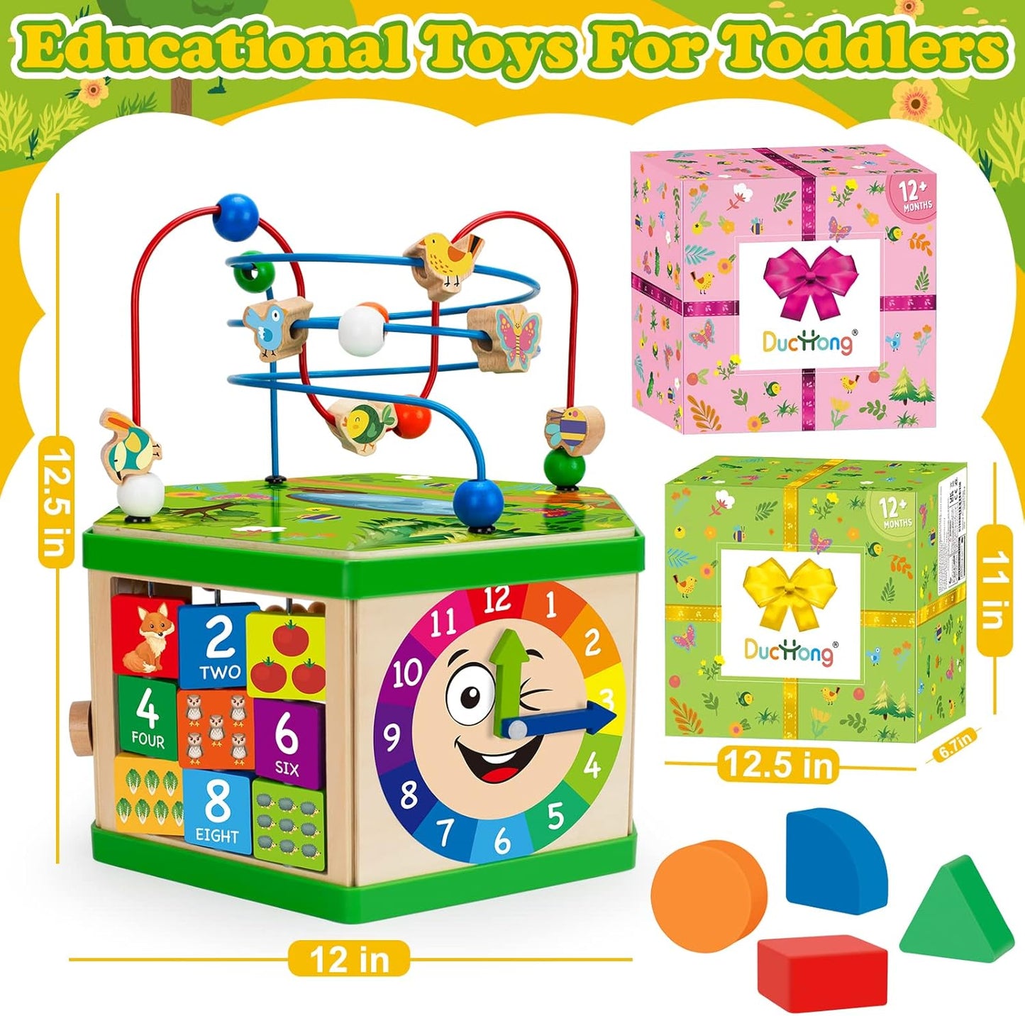 Wooden Activity Cube for 1 Year old, 12-18 Month Boys & Girls, 7-in-1 STEM Montessori Early Developmental Learning Toys for Kids Aged 1-2, Ideal 1st Birthday Gift Toys for Baby, Toddlers (Green)
