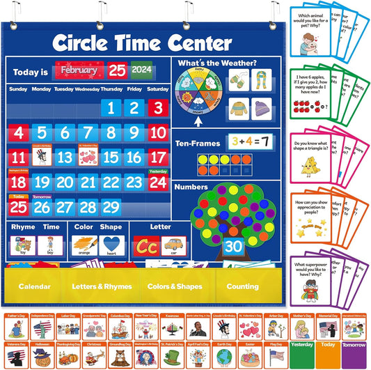 Circle Learning Time Center Pocket Chart Calendar Set, Educational Pocket Chart Learning Shape, Color Classroom Pocket Chart-Number Pocket Chart Wording Rhyme Pictures Pocket Chart