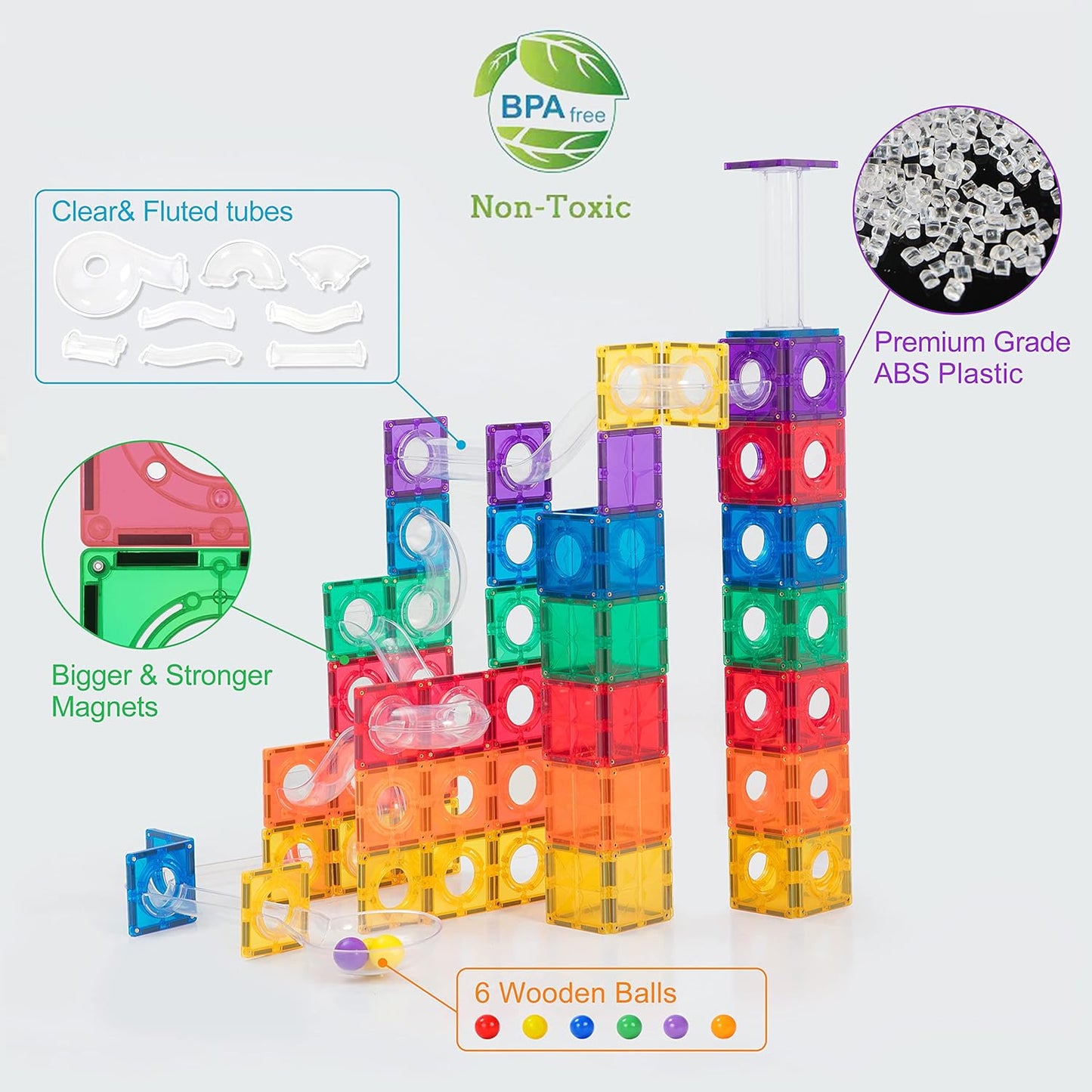 MEGAGONTILES Marble Run Magnetic Tiles Set 120PCS | STEM-Authenticated Magnetic Building Blocks with Marble Track Pieces | Educational Construction Toy for Kids Ages 3–8 (Boys & Girls)