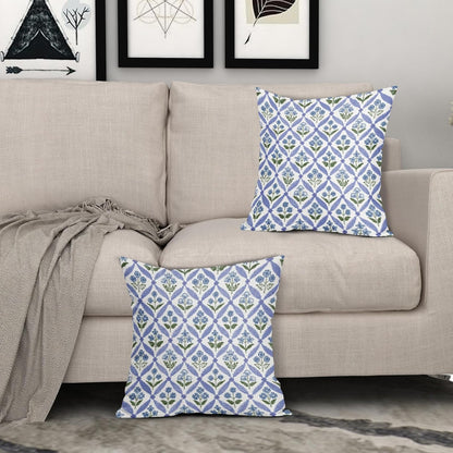 Blue Green Floral Block Print Pillow Covers 12X20 Set of 2, Flower Pattern Spring Summer Print Decorative Throw Pillow Covers Outdoor Farmhouse Seasonal Cushion Case Couch Sofa Bed Decor