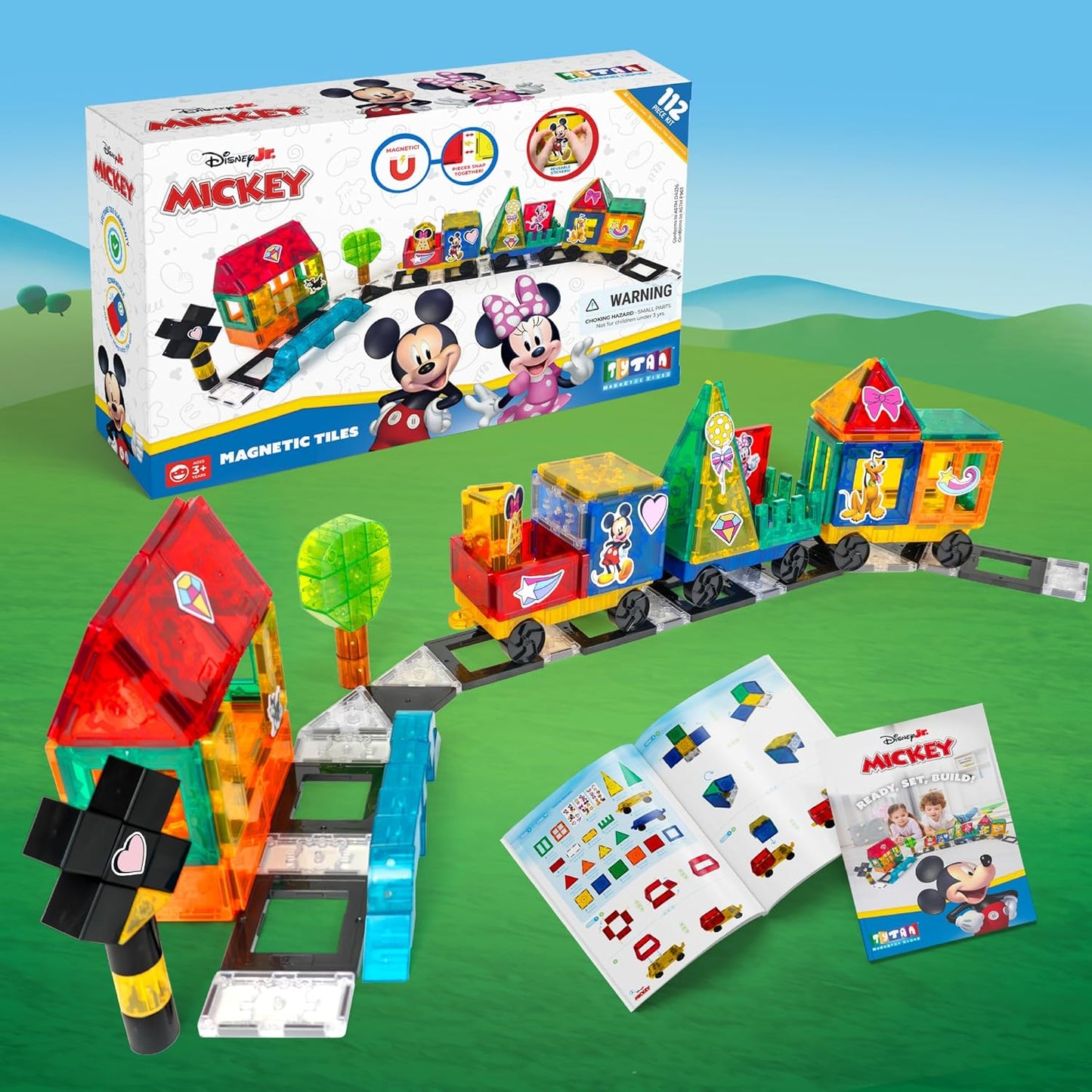 Tytan Official Disney Junior Mickey Mouse Jumbo Train Magnetic Tile Set – 112-Piece STEAM Toy Featuring Magnetic Cubes, Wheeled Bases, Reusable Stickers & Instruction Manual – Kids Ages 3+