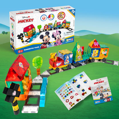 Tytan Official Disney Junior Mickey Mouse Jumbo Train Magnetic Tile Set – 112-Piece STEAM Toy Featuring Magnetic Cubes, Wheeled Bases, Reusable Stickers & Instruction Manual – Kids Ages 3+