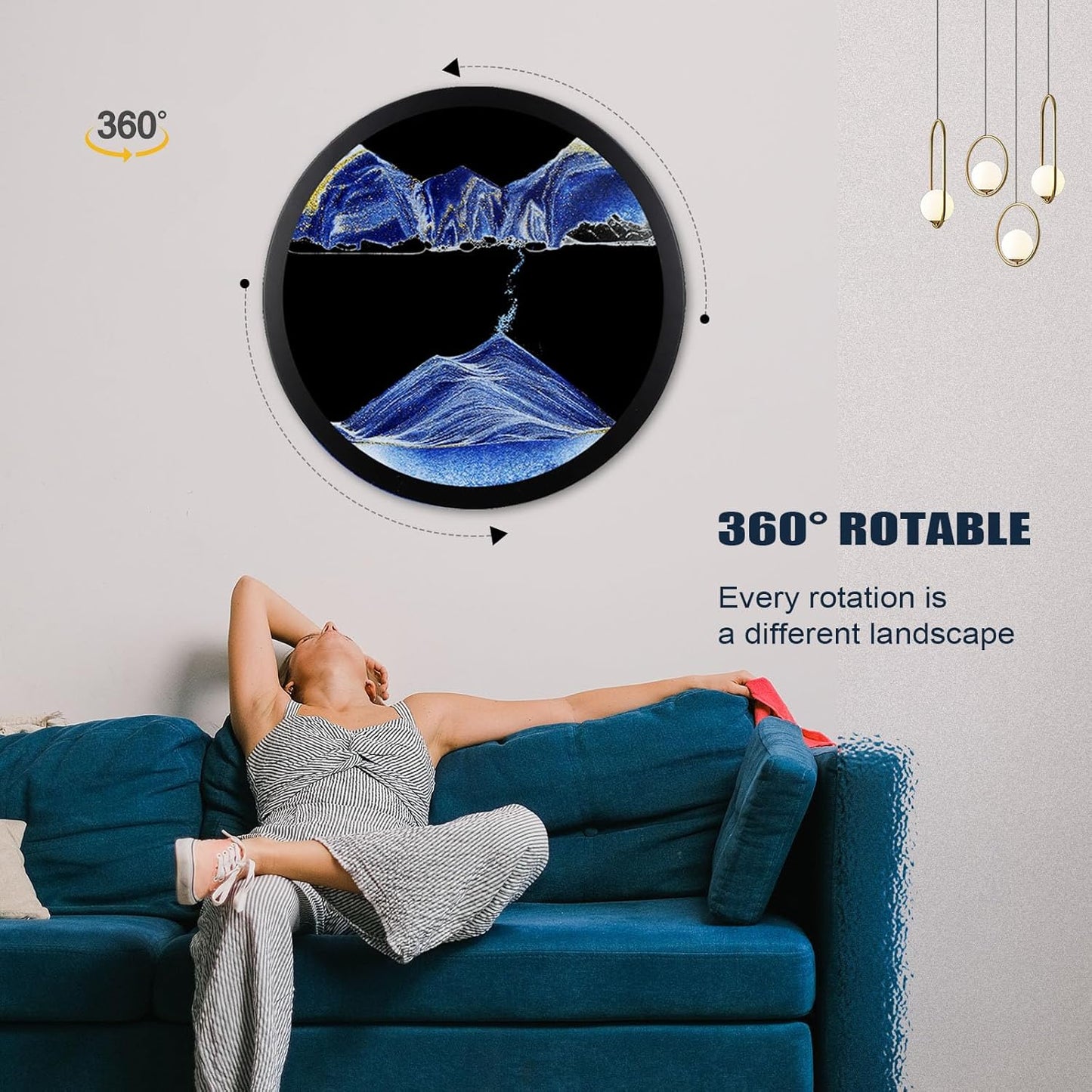 17.3" Moving Sand Art, 3D Sand Art Pictures Deep Sea Sandscape Living Room Decoration, 360° Rotate, Glass Crafts Solid Wood Frame, Relaxing Mood Home Office Work Wall Art Decor