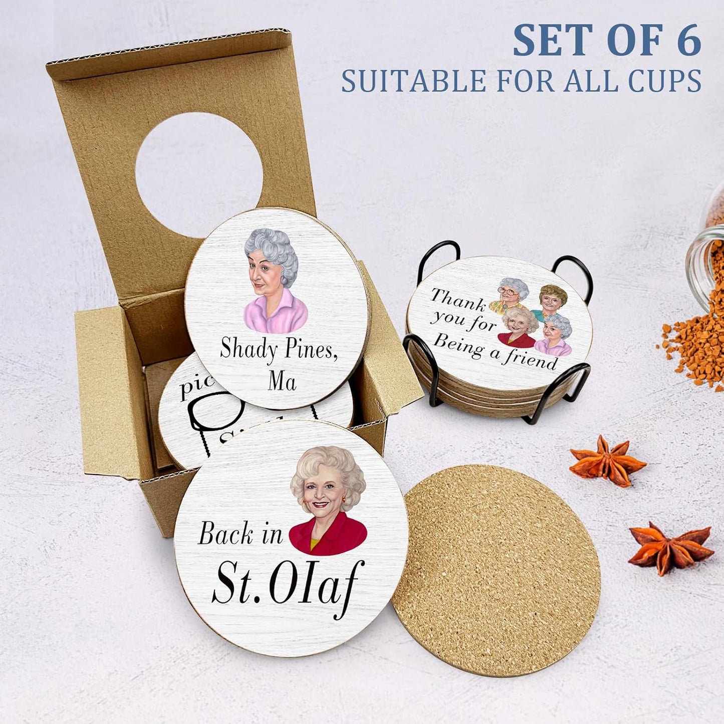 Golden Girls TV Show Merchandise,6 PCS Cork Coasters for Drinks,Funny Set with Coasters Holder,Golden Girls Fans Clean Dirty Dishwasher Magnet,Refrigerator Sign Kitchen Decor Gifts