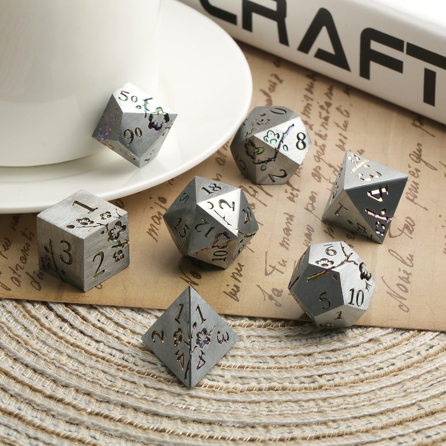 DnDnD Heavy Polyhedral Metal Dice Set with Metal Box, 7-die Shiny Blue Surface with Golden Number for RPG,Dungeons and Dragons,Pathfinder,Shadowrun,D&D,Role Palying Game and Math Teaching - Colors B