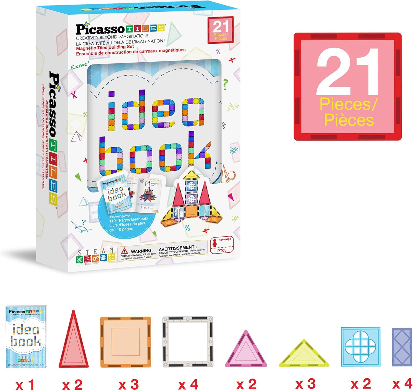 PicassoTiles 101 Piece Magnetic Tile Building Blocks Set with Durable Storage Bag STEM Educational Construction Magnet Toy Kit for Toddlers Preschool Kids Boys Girls Age 3 Plus Indoor Learning PT06