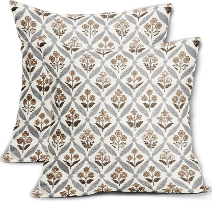 Blue Green Floral Block Print Pillow Covers 12X20 Set of 2, Flower Pattern Spring Summer Print Decorative Throw Pillow Covers Outdoor Farmhouse Seasonal Cushion Case Couch Sofa Bed Decor