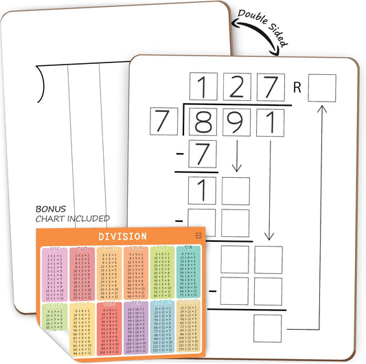 Dry Erase Multiplication & Division Board 9"x12" Double Sided Practice Whiteboard with 2x1 & 2x2 Digit Multiplication for Home, School, Classroom, Kids, Students Math Manipulatives Lapboard