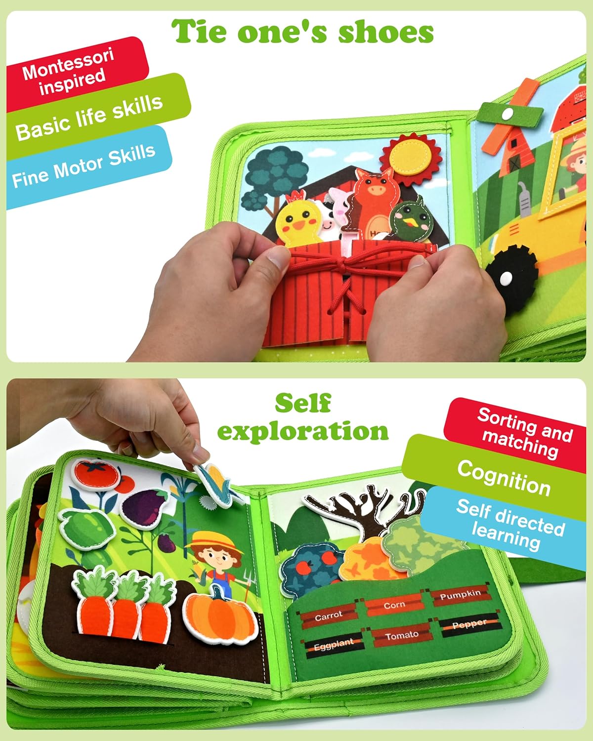 Meafeng Busy Board for Toddlers 1-3 – Montessori Busy Toys for 1 2 3 Year Old Boys Girls, Preschool Educational Travel Quiet Activity Book with Life Skills, Sorting, Matching, and Cognitive Games