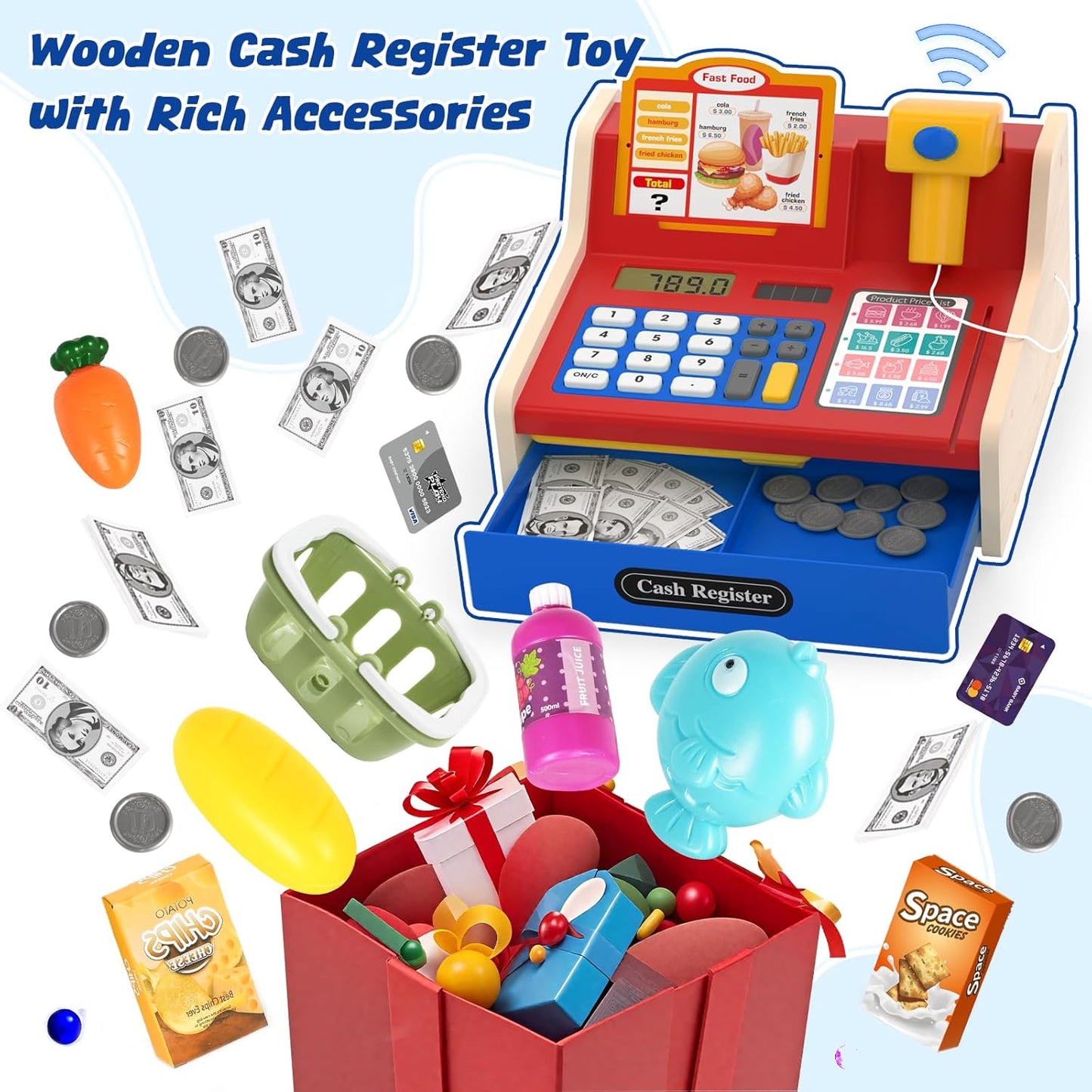 Kids Cash Register Toy Playset, Toddler Prentend Play Store with Real Calculator Cash Register with Scanner/Credit Card/Play Money/Food, Learning Toys for Boys Girls Toddlers(Pink)