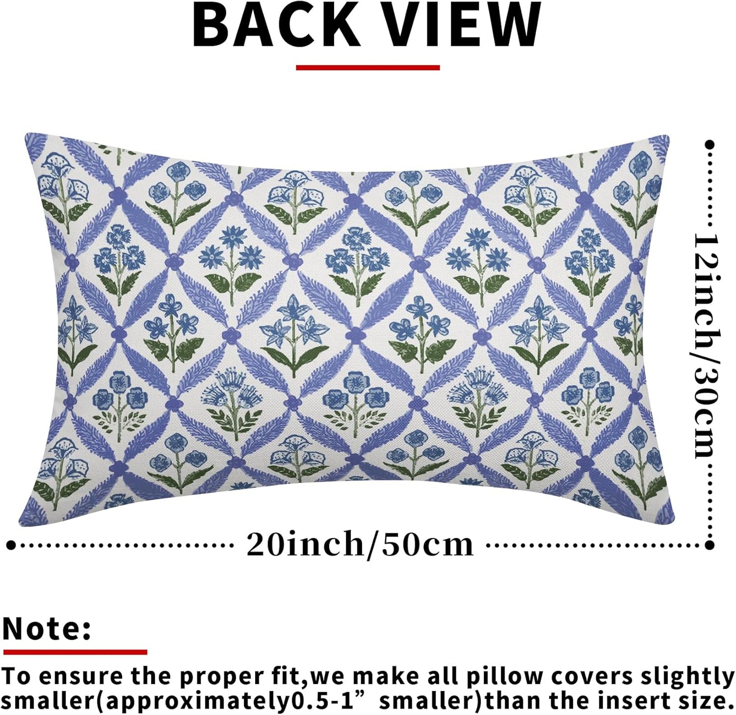 Blue Green Floral Block Print Pillow Covers 12X20 Set of 2, Flower Pattern Spring Summer Print Decorative Throw Pillow Covers Outdoor Farmhouse Seasonal Cushion Case Couch Sofa Bed Decor