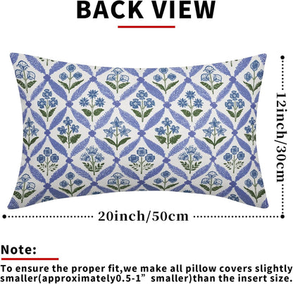 Blue Green Floral Block Print Pillow Covers 12X20 Set of 2, Flower Pattern Spring Summer Print Decorative Throw Pillow Covers Outdoor Farmhouse Seasonal Cushion Case Couch Sofa Bed Decor