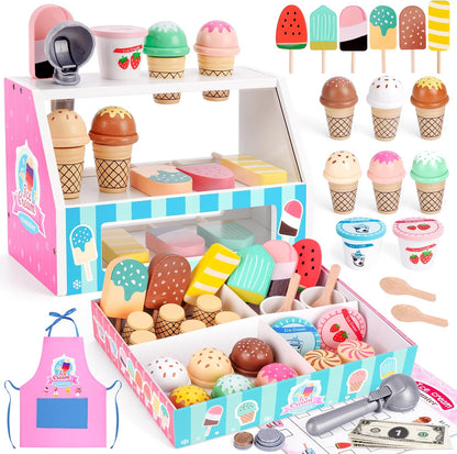Ice Cream Toy, Wooden Ice Cream Play Set with Aprons, Fake Money, Scoop, Menu, Ice Cream Toys Pretend Play Toys for Girls Boys, Wooden Play Food Set Toy Kitchen Gifts for 3 4 5 6 Year Old Toddlers