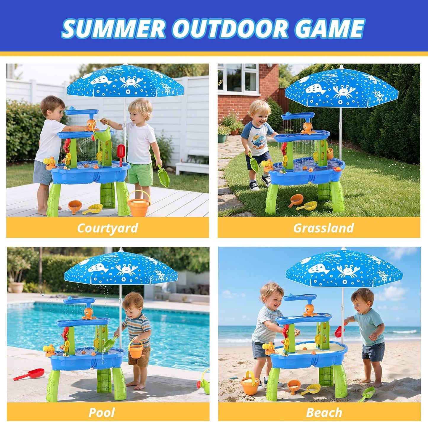 Wee Wonders 3-Tier Water Table for Toddlers, Kids Sand Water Table with Adjustable Umbrella, Sand Toys & Fishing Game, Sensory Table Activity Playset for Outdoor Beach, Summer Toys for Girls Boys 3-5