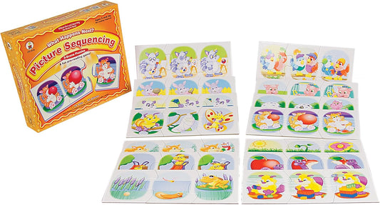 Carson Dellosa What Happens Next? Pre-Reading Puzzle Game Set, Colorful 3-Scene Picture Sequencing Phonics Game with 14 3-Scene Puzzles, Ages 4+ (42 pc)