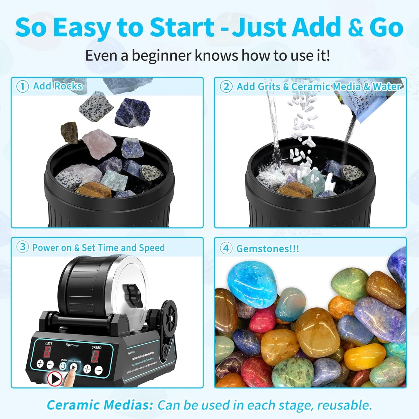 K1 Rock Tumbler Kit – Reliable Rotary Rock Polisher for Adults, Beginners & Hobbyists, 2.5LB Quiet Rubber Barrel with 3 Speeds, 9-Day Timer & Memory Function, Full Accessories Included, Ideal Gift