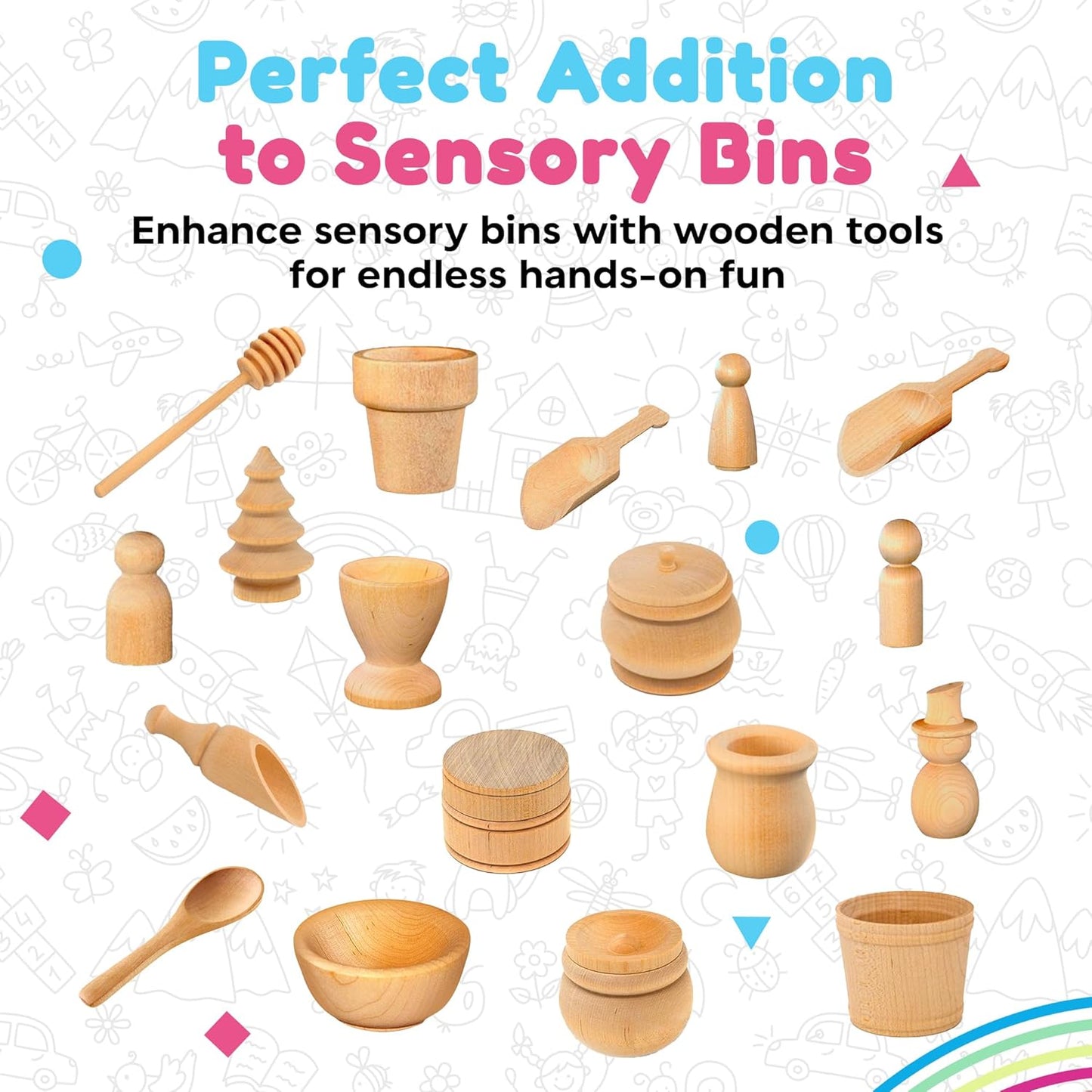 Wooden Tool Set for Sensory Bin (10 Piece), Child-Sized Montessori Sensory Toys for Developing Fine Motor Skills, Smooth Wooden Toys, Bin Scoops and Tools