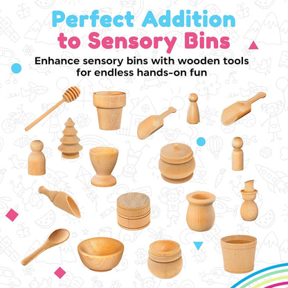 Wooden Tool Set for Sensory Bin (10 Piece), Child-Sized Montessori Sensory Toys for Developing Fine Motor Skills, Smooth Wooden Toys, Bin Scoops and Tools