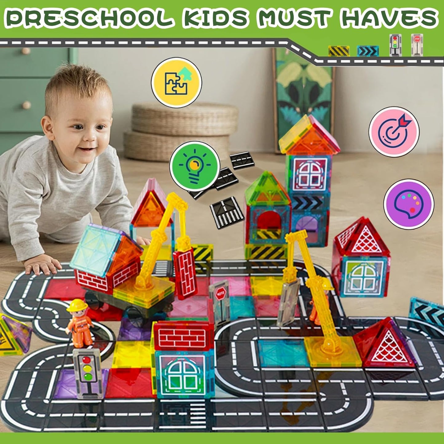Magnetic Tiles Road Set, Magnet Tiles for Kids Ages 3-5 4-8 5-7, Magnetic Building Blocks Montessori Educational STEM Creativity Toys 3+ Year Old Boys & Girls Toddlers Kids Christmas Birthday Gifts