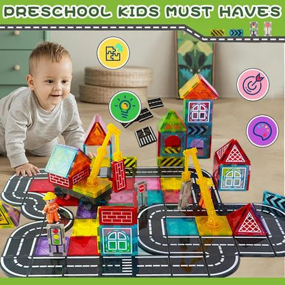 Magnetic Tiles Road Set, Magnet Tiles for Kids Ages 3-5 4-8 5-7, Magnetic Building Blocks Montessori Educational STEM Creativity Toys 3+ Year Old Boys & Girls Toddlers Kids Christmas Birthday Gifts