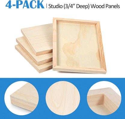 Falling in Art Unfinished Birch Wood Canvas Panels Kit, 4 Pack of 8x10’’ Studio 3/4’’ Deep Cradle Boards for Pouring Art, Crafts, Painting, and More