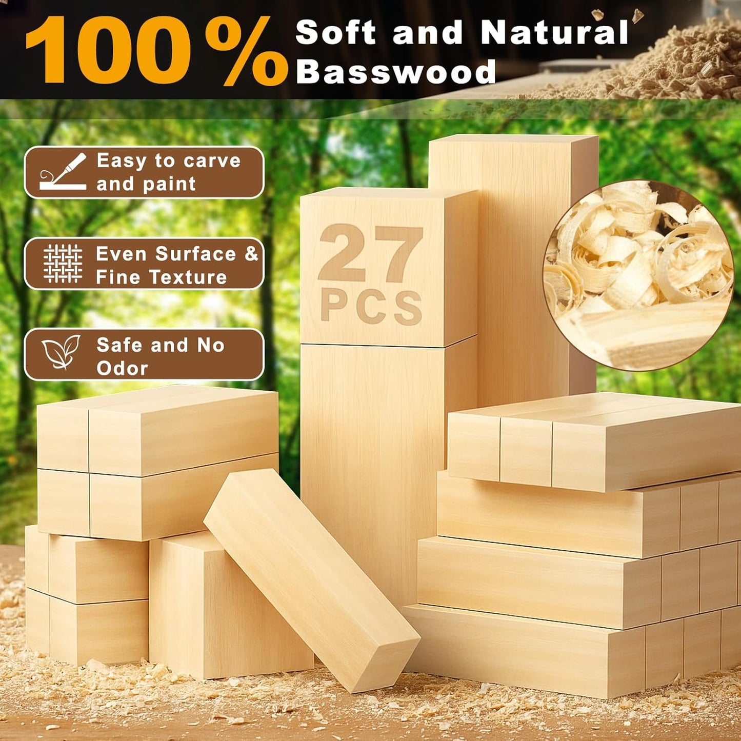 27 Pcs Basswood Carving Blocks, Whittling Wood Carving Kit with 3 Different Sizes and Pattern Sticker, Soft Unfinished Wooden Blocks for Crafts Beginners Adults