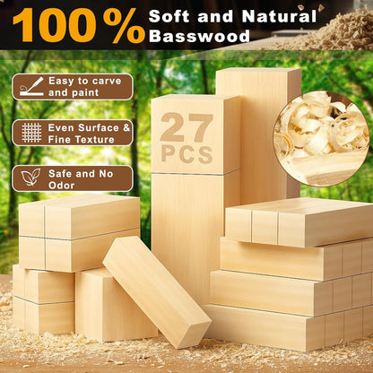 27 Pcs Basswood Carving Blocks, Whittling Wood Carving Kit with 3 Different Sizes and Pattern Sticker, Soft Unfinished Wooden Blocks for Crafts Beginners Adults