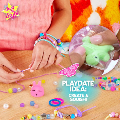 Just My Style Squishy Charms, Create 5 Squishy Bag Charms, Necklaces, Friendship Bracelets with Kawaii TPR Squishies in Pouches & Beads for Jewelry Making, Unique Jewelry Making Kit, Gifts for Girls