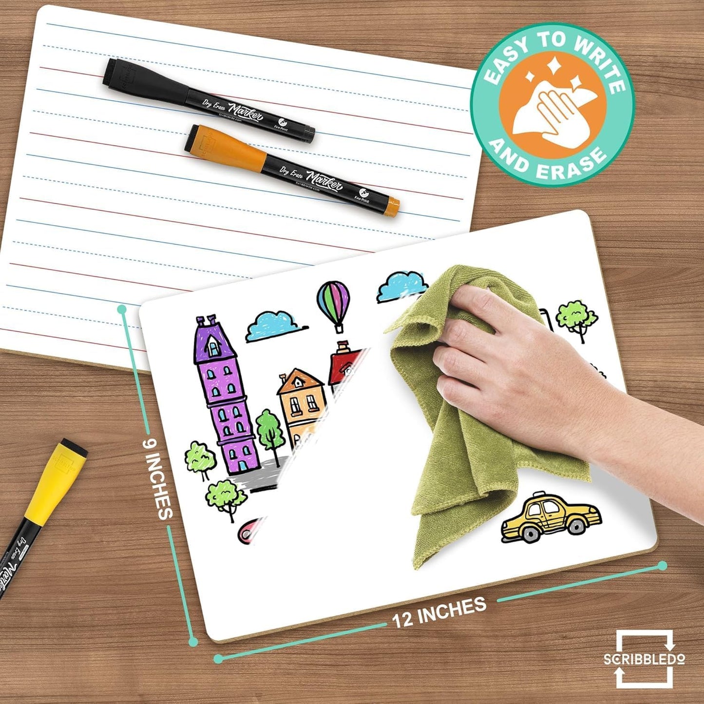 Scribbledo Double Sided Whiteboard Lined Dry Erase Board for Kids Ruled Writing Board Handwriting Practice Small White 9x12 Dry Erase Board with Lines Education Teacher Supplies
