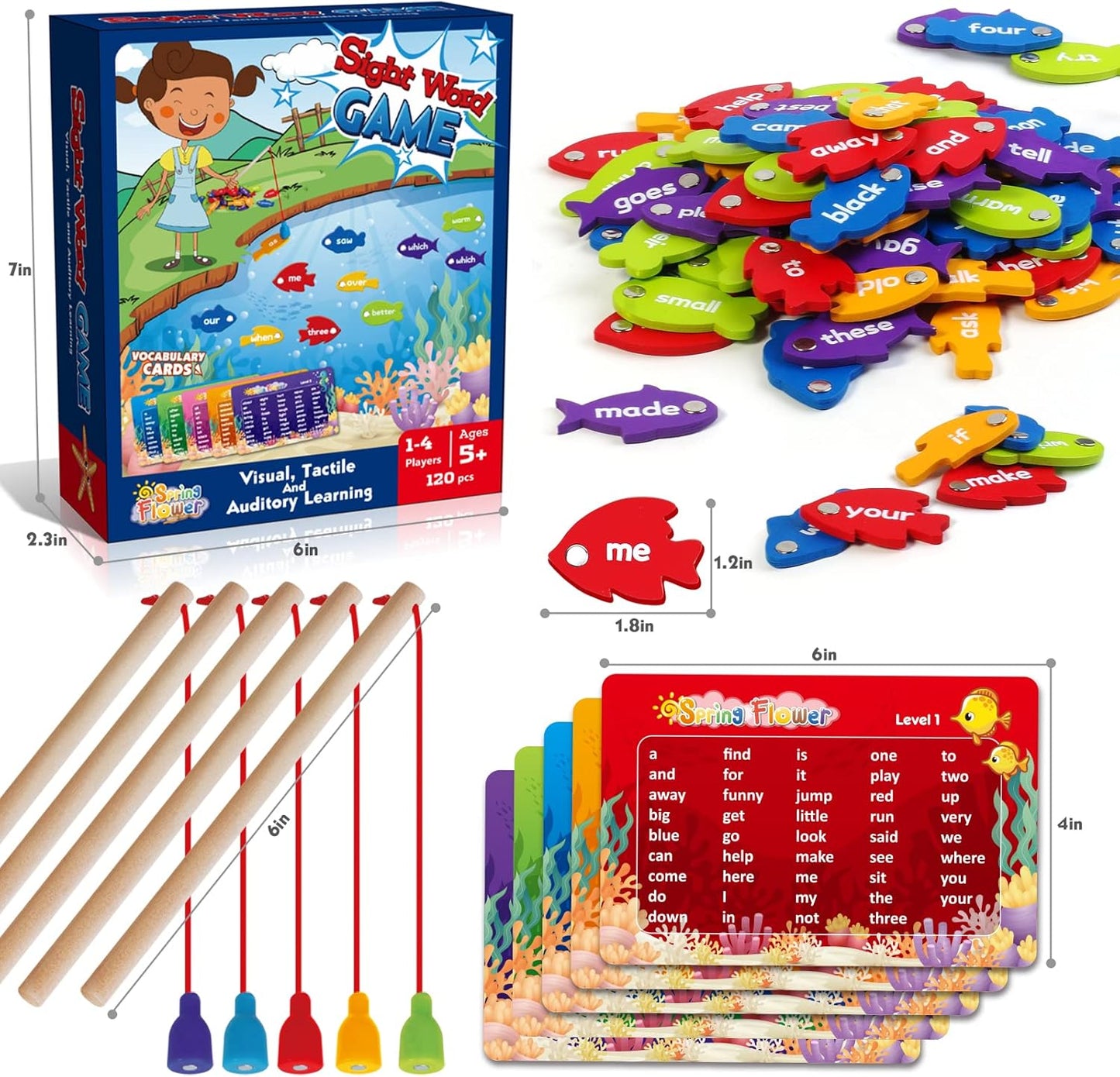 SpringFlower Wooden Magnetic Sight Word Fishing Game, Sight Word Educational Toy for Age of 3,4,5,6 Year Old Kids, Boys & Girls,Homeschool,Visual, Tactile and Auditory Learning