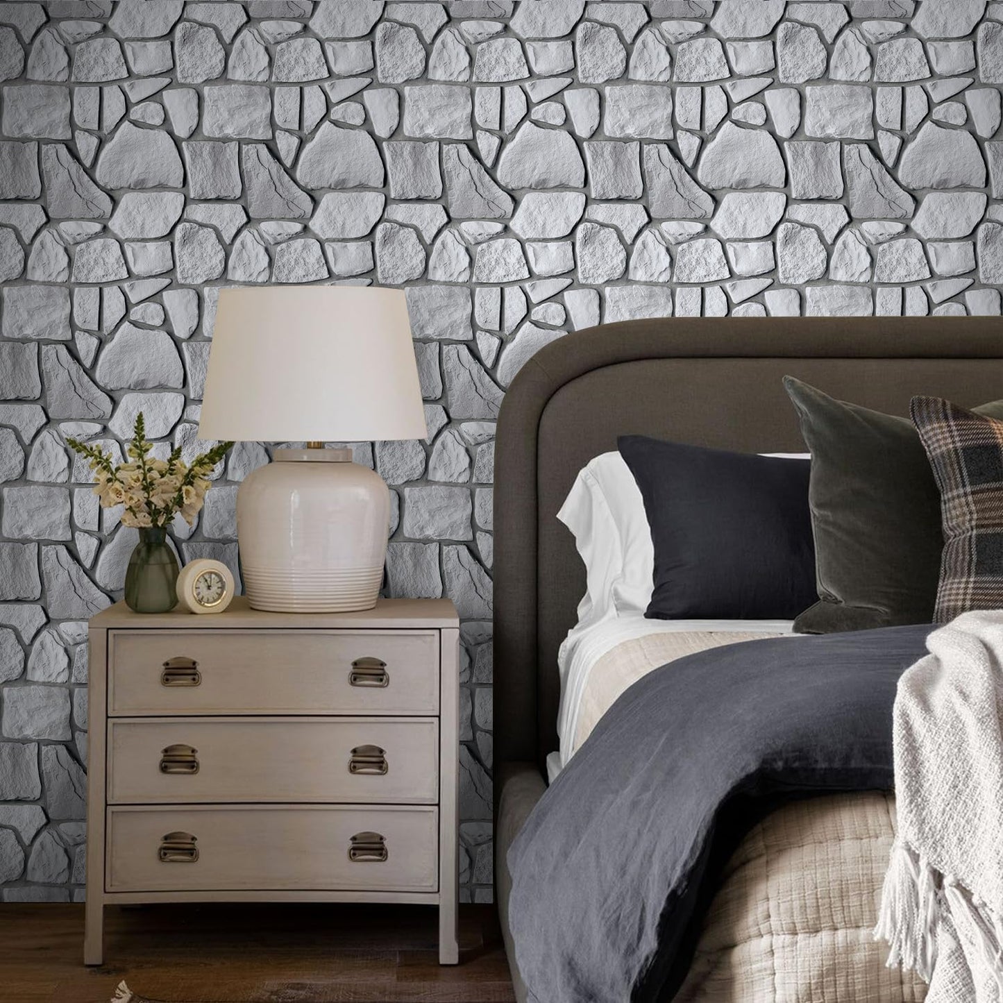 COMSTICKC 3D Faux Gray Stone Wall Sticker Peel and Stick Wall Panels,10 Pcs of 12"X12",Ultra-Light Thin PVC Decorative Tiles Rocks Stone Backsplash Interior Decor,Paintable