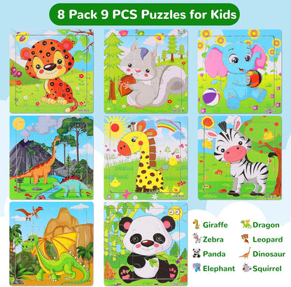 Wooden Puzzles for Toddlers 1-3, Pack of 8 Toddler Animal Puzzles Ages 2-4, Montessori Educational Animals Jigsaw Puzzles Christmas Birthday Gift for Baby Girl Boy Ages 1 2 3 4 Year Old