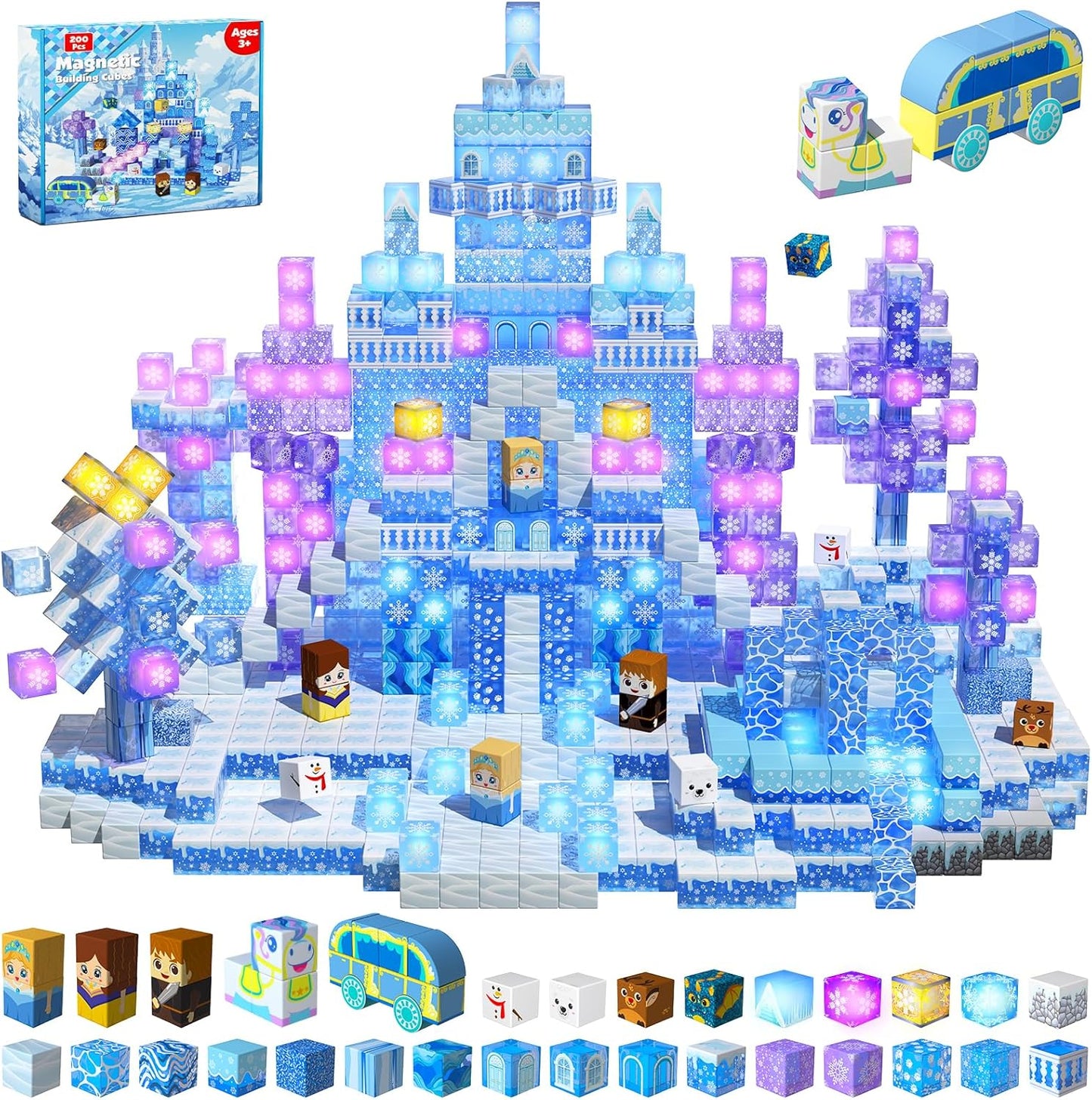 Magnetic Blocks - 100Pcs 0.8in Magnetic Building Block for Kids Ages 4-8, Transparent Magnet Block Blue Princess Castle, Magnet Cubes Tiles Princess Toy for Girl 3 4 5 6 7 8-12 Birthday Gift