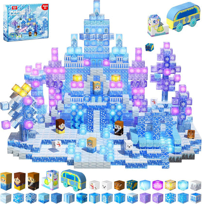 Magnetic Blocks - 100Pcs 0.8in Magnetic Building Block for Kids Ages 4-8, Transparent Magnet Block Blue Princess Castle, Magnet Cubes Tiles Princess Toy for Girl 3 4 5 6 7 8-12 Birthday Gift
