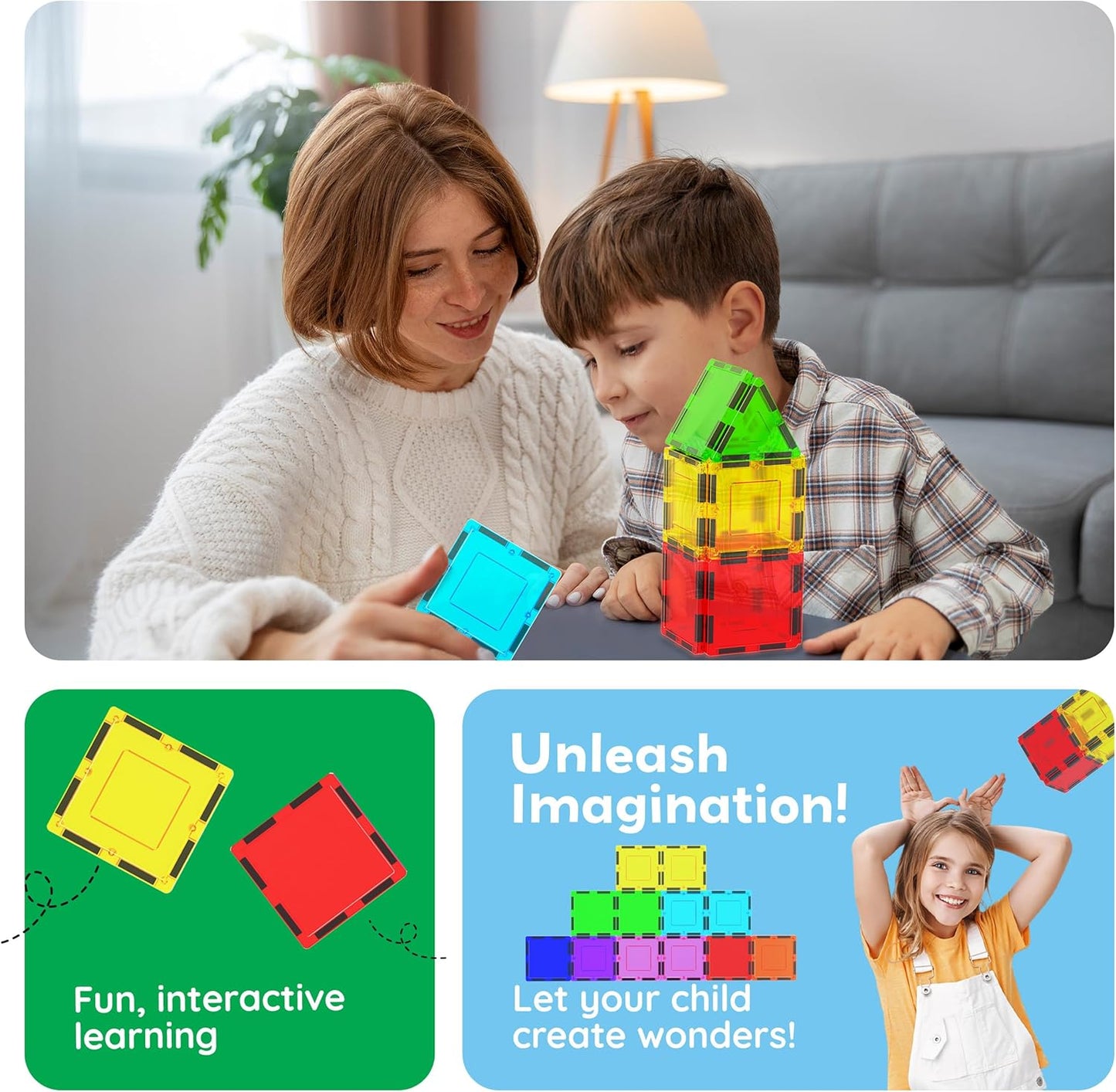 PicassoTiles 4pcs Magnetic Building Block Large Square Shape Magnet Tiles Construction Toy STEM Learning Kit Educational Playset Playboard Pretend Play Stacking Blocks Child Brain Development PTE09