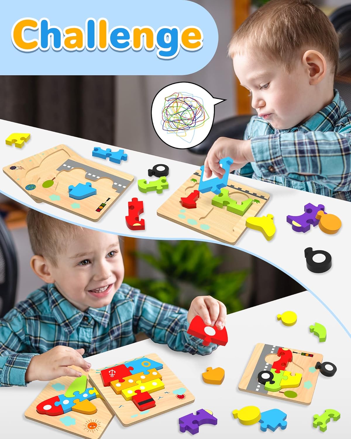 Yetonamr Wooden Toddler Puzzles Gifts Toys for 1 2 3 Years Old Boys Girls, 6 Vehicle Shape Montessori Toys Educational Blocks Kids Toys Gift Baby Learning Toy Age 1-3, 2-4