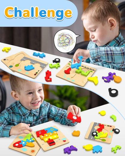 Yetonamr Wooden Toddler Puzzles Gifts Toys for 1 2 3 Years Old Boys Girls, 6 Vehicle Shape Montessori Toys Educational Blocks Kids Toys Gift Baby Learning Toy Age 1-3, 2-4