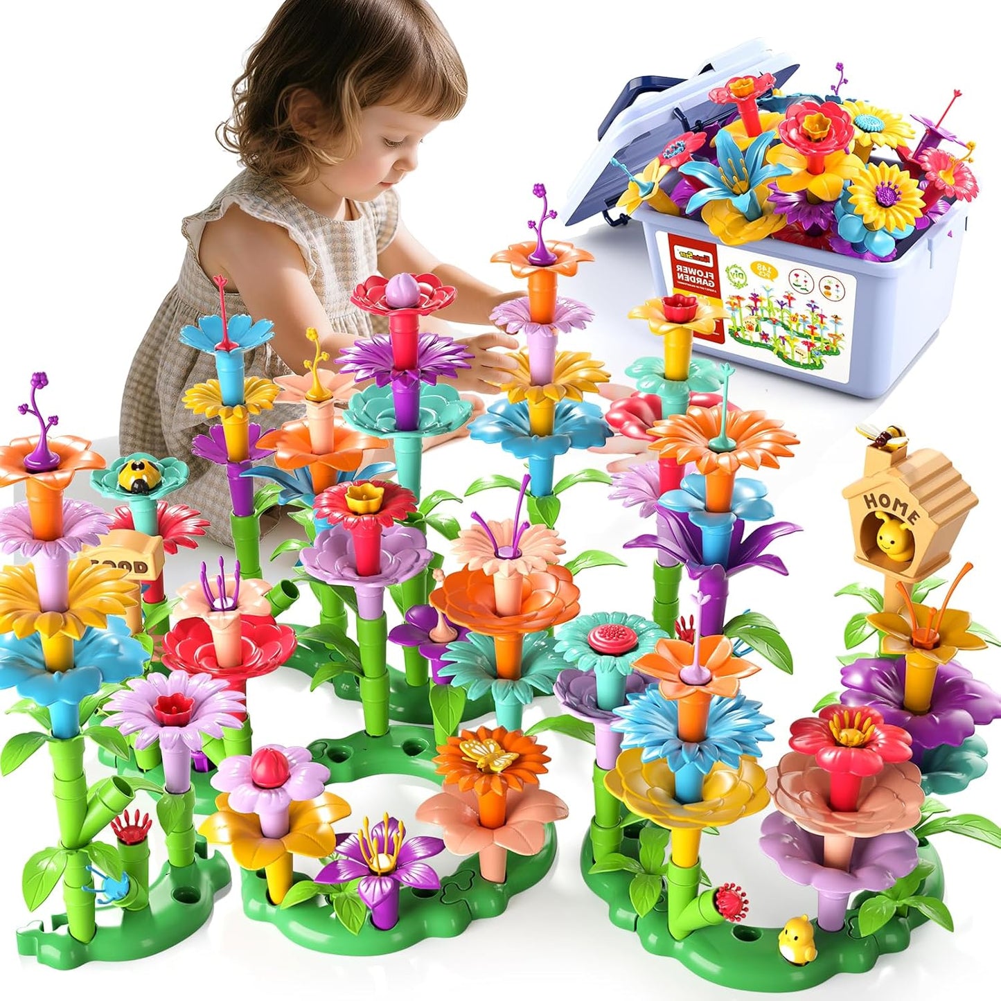 145 Pcs Toys for 3 Year Old Girl, Toddler Gardening Set Flower Garden Toy Girls Building Sets Best Educational Learning Fine DIY Crafts Stem Construction Stacking Kit for 3 4 5 6 7 Years Kids