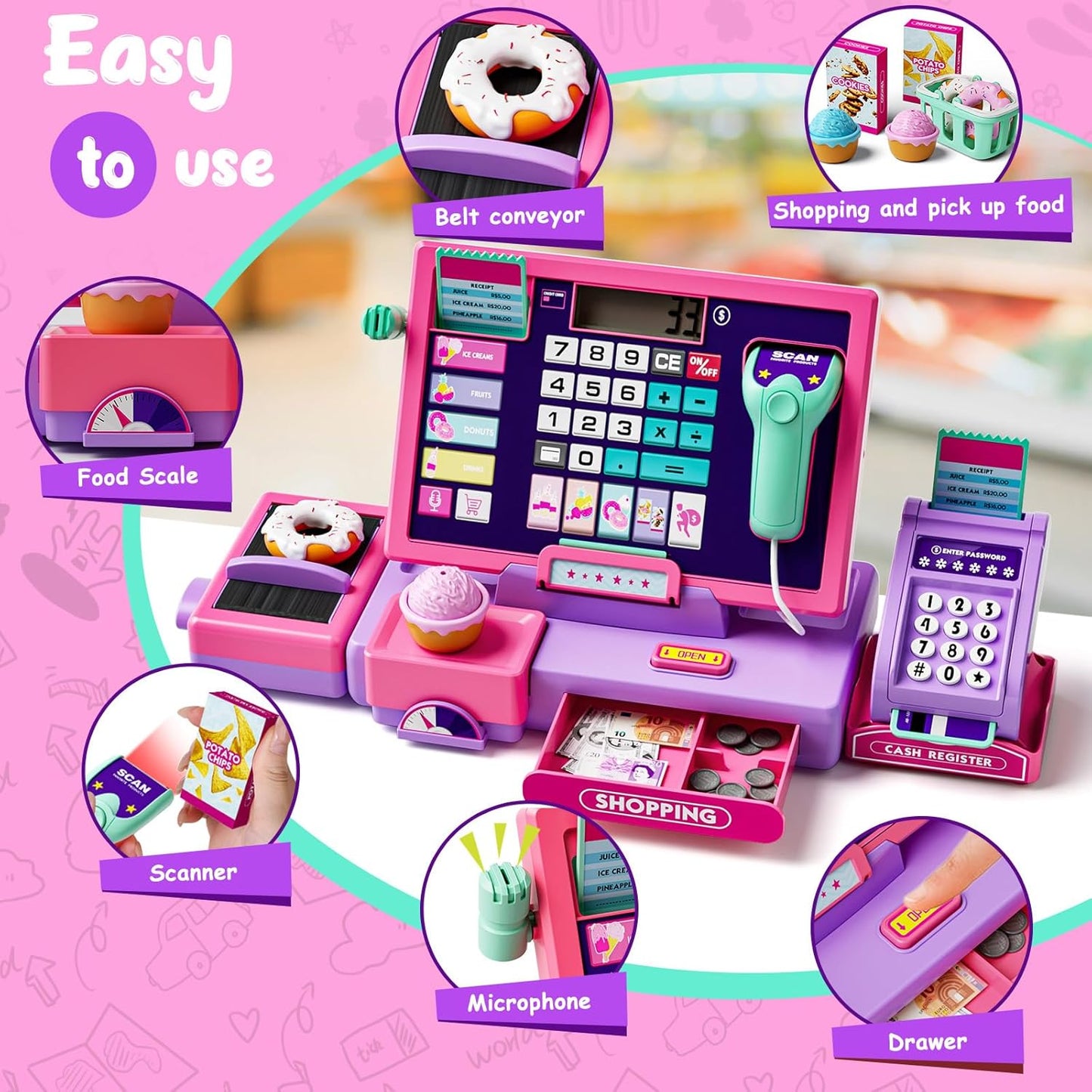 Kids Cash Register Toy Playset, Toddler Prentend Play Store with Real Calculator Cash Register with Scanner/Credit Card/Play Money/Food, Learning Toys for Boys Girls Toddlers(Pink)