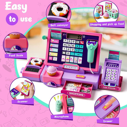 Kids Cash Register Toy Playset, Toddler Prentend Play Store with Real Calculator Cash Register with Scanner/Credit Card/Play Money/Food, Learning Toys for Boys Girls Toddlers(Pink)