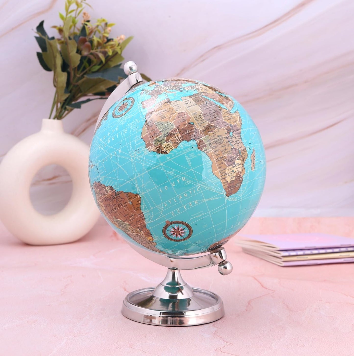 Rely+ Earth Light Blue Rotating Globe of The World with Silver Stand (NOT PLASTIC!) for Bookcase Shelf Decorative Home Desk sturdy Office Decor 6-inch