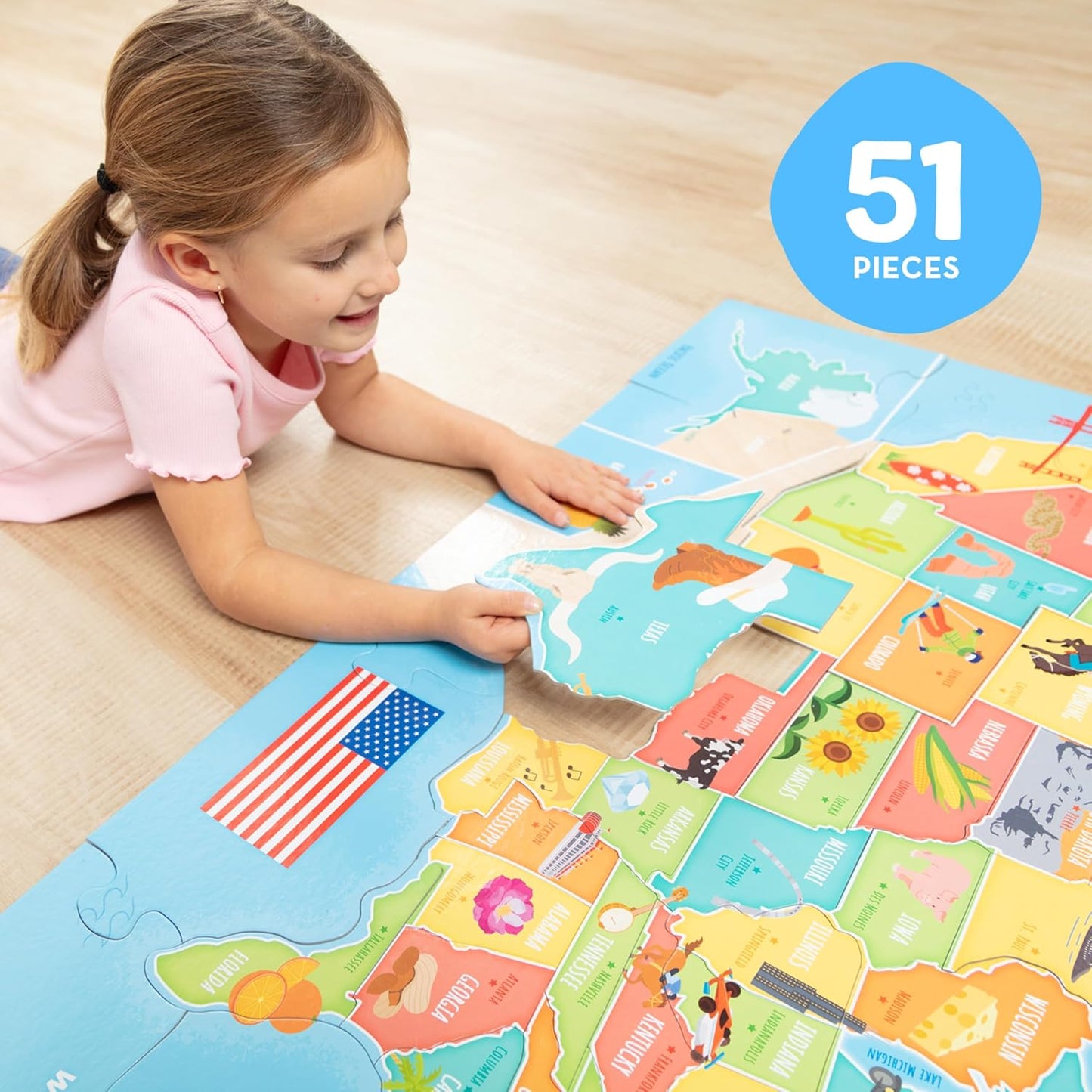 Melissa & Doug USA Map Jumbo Floor Puzzle, 51-Piece Jigsaw Puzzle of The United States, with State Capitals, Over 3 Ft Long, Kids Puzzles for Girls & Boys Ages 6+