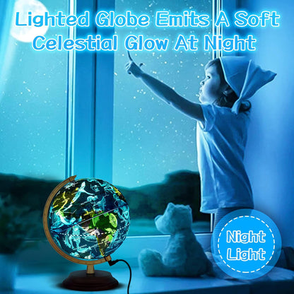 TTKTK Illuminated World Globe for Kids & Adults All Ages with Wooden Stand 7 in 1- Night View Stars Map Constellation Globe with Detailed Colorful World,Built-in LED Bulb, Educational Gift